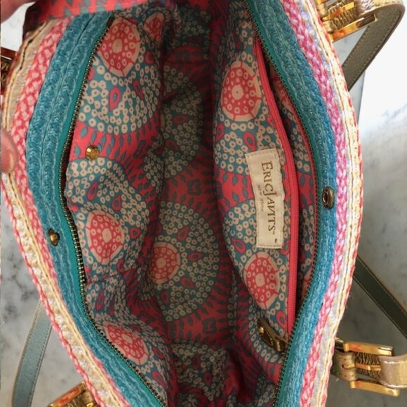 ERIC JAVITS Straw Shoulder Purse Turquoise Pink Zip Top - Picture 10 of 16